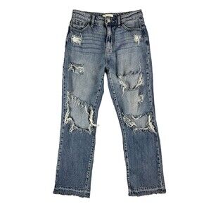 KanCan Ultra High Rise Straight Ripped Released Hem Jeans Thrashed Size 24